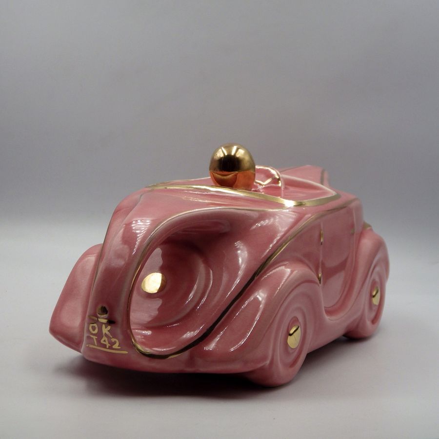 Antique SADLER 1930s Art Deco Pink & Gold Pottery RACING CAR TEAPOT