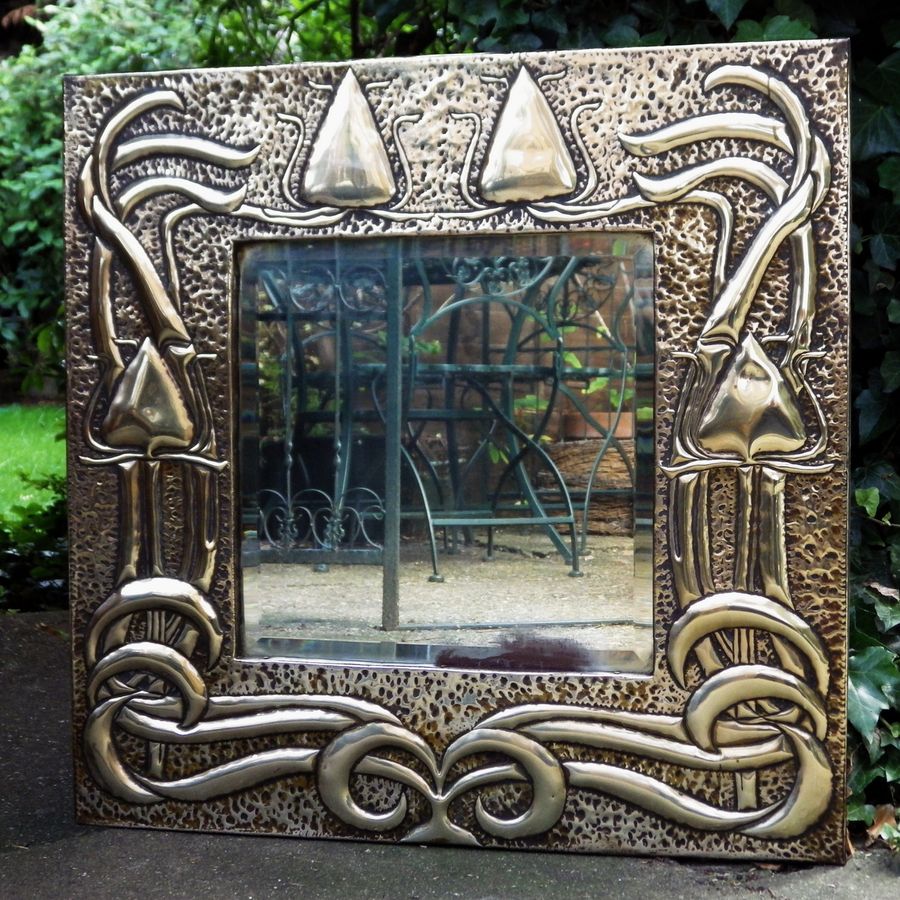 Antique ARTS & CRAFTS Stylised Repousse Brass Framed SQUARE WALL MIRROR
