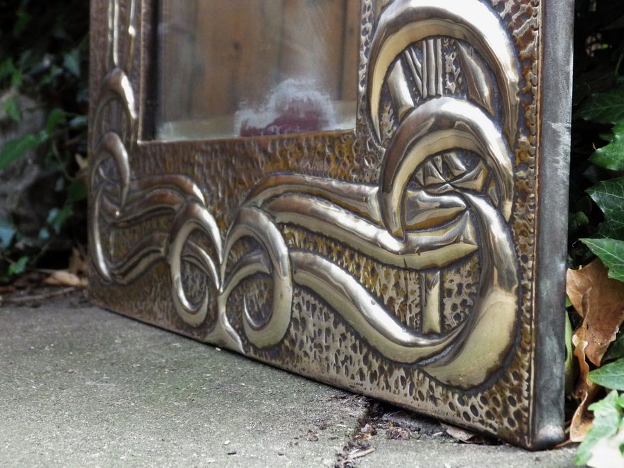 Antique ARTS & CRAFTS Stylised Repousse Brass Framed SQUARE WALL MIRROR