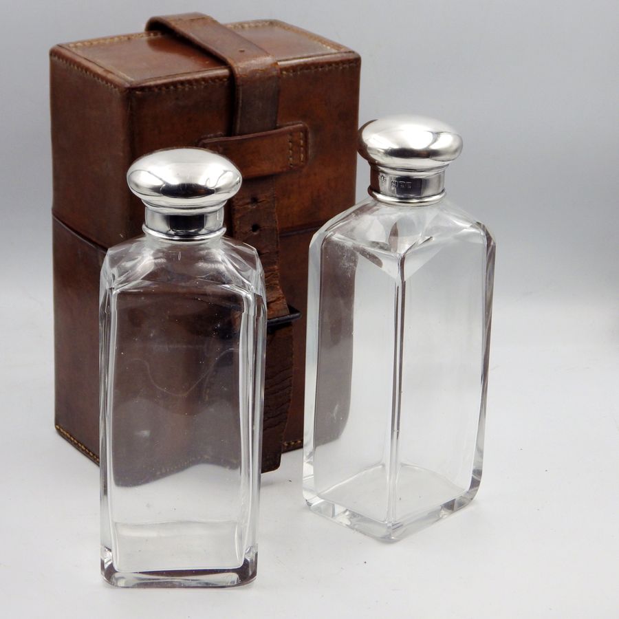Antique DREW AND SONS Edwardian Leather Travel Case Silver Top DOUBLE SPIRIT FLASKS