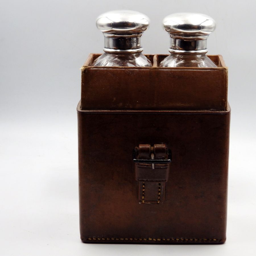Antique DREW AND SONS Edwardian Leather Travel Case Silver Top DOUBLE SPIRIT FLASKS
