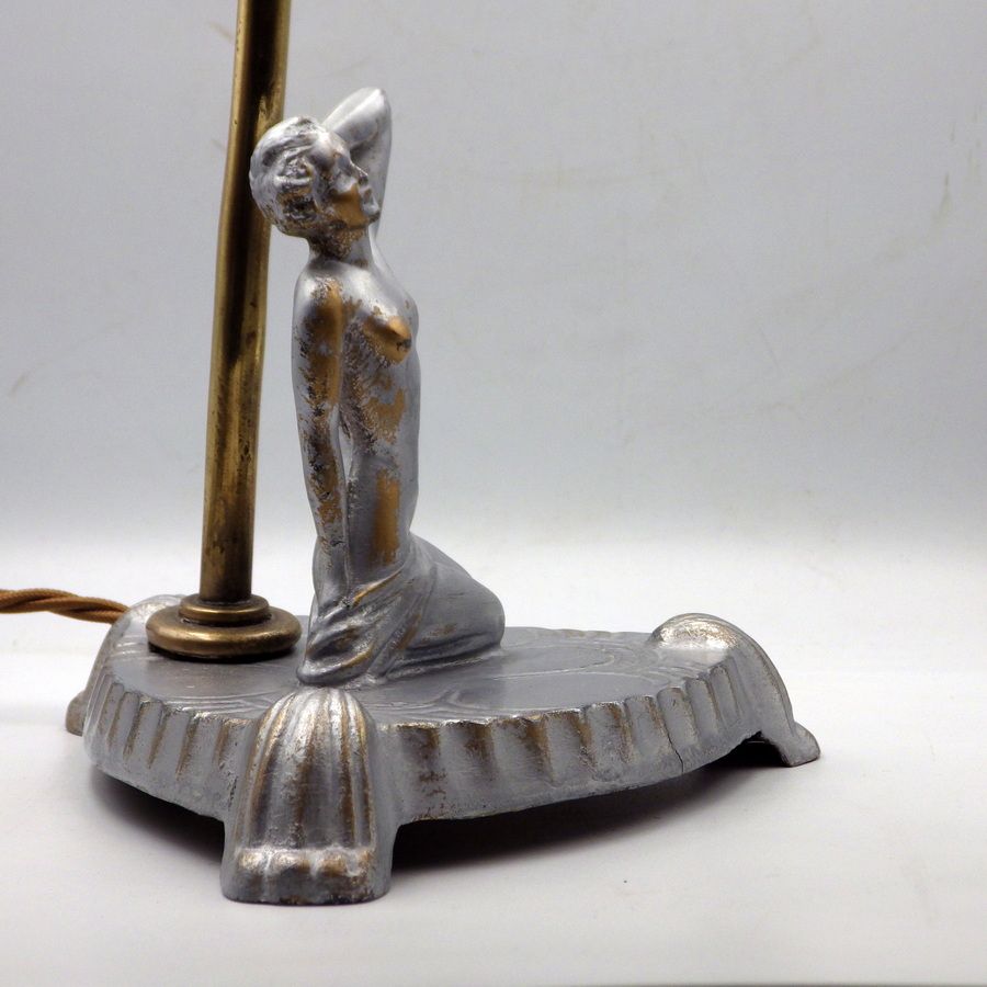 Antique ART DECO Original 1930s Silvered Spelter Nude Lady Figure TABLE LAMP