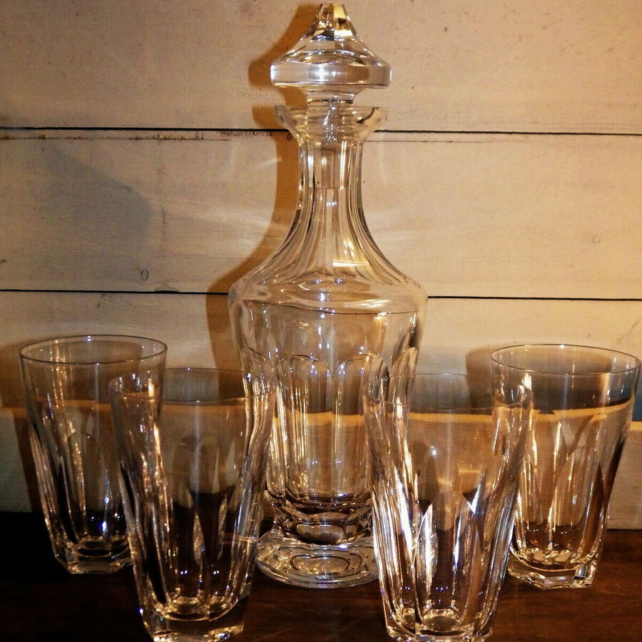 Antique WATERFORD KATHLEEN Irish Fluted Cut Glass DECANTER AND FOUR TUMBLERS