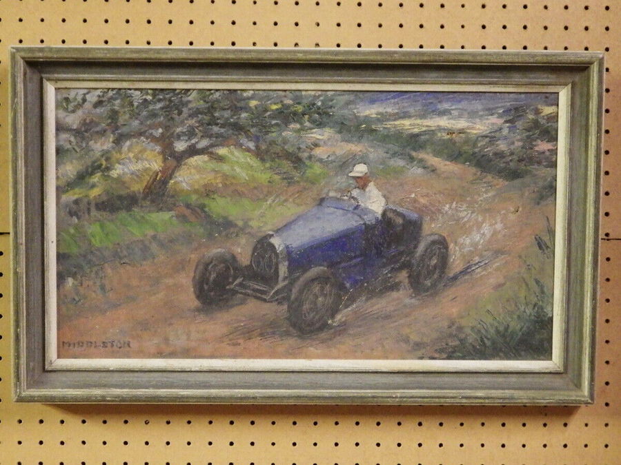 Antique BUGATTI RACING CAR 20th Century Framed Middleton Signed OIL ON CANVAS PAINTING