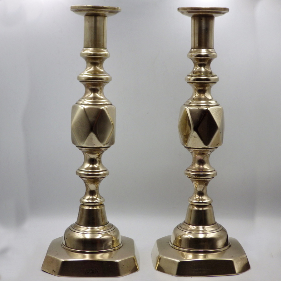 THE KING OF DIAMONDS Pair of Antique Victorian BRASS CANDLESTICKS