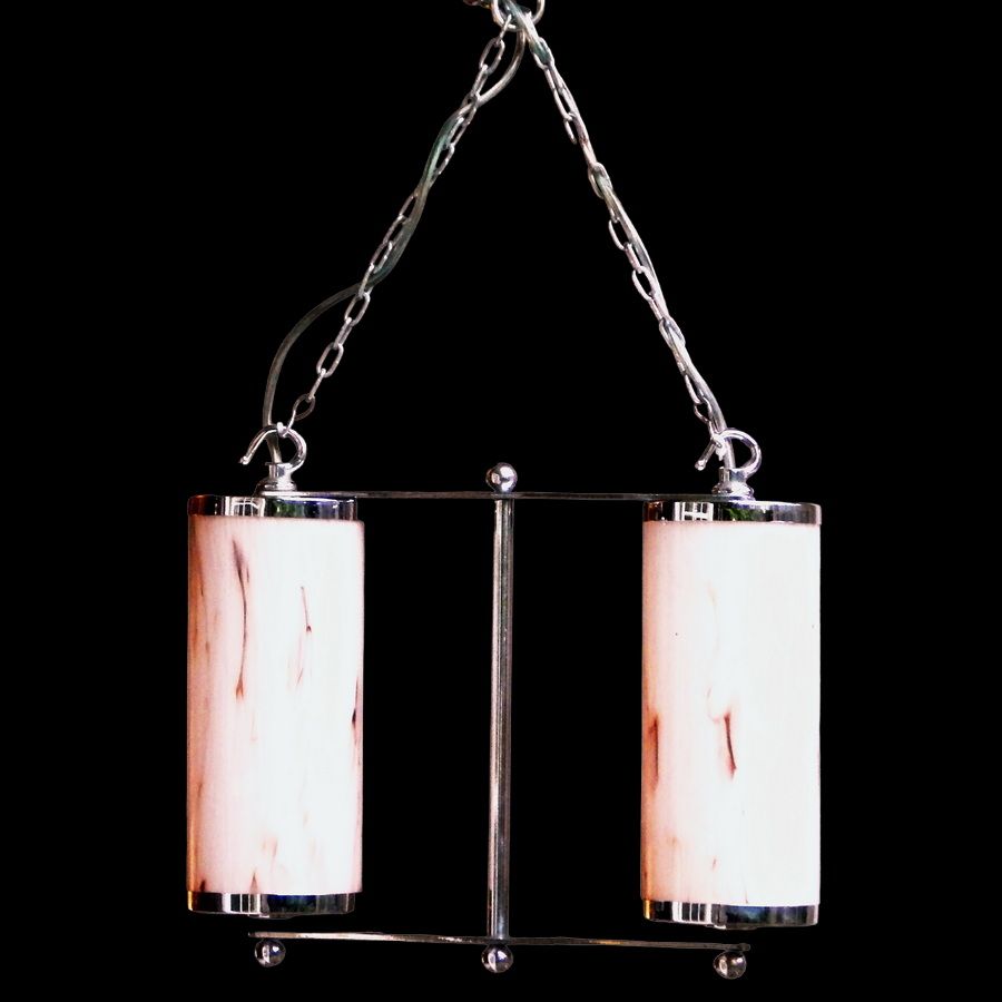 Antique ART DECO Original 1930s Marbled Pink Glass CHROME CEILING LIGHT