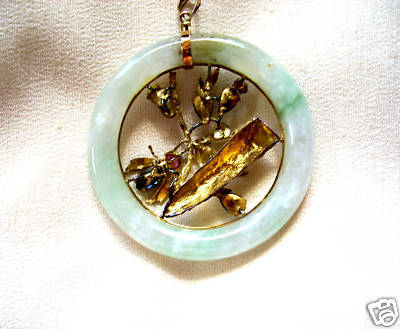 OLD JADE & MIXED GEM & GOLD BUG PENDANT 2 1/4 