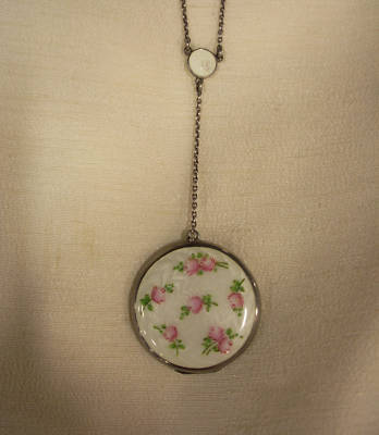ANTIQUE STERLING GUILLOCHE' ENAMEL LOCKET AND CHAIN