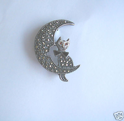 VINTAGE STERLING~CAT & MAN- IN-THE- MOON PIN