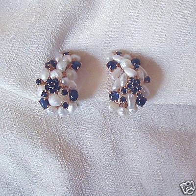 60'S BIG CLUSTER PEARL AND SAPPHIRE EARRINGS/14K GOLD