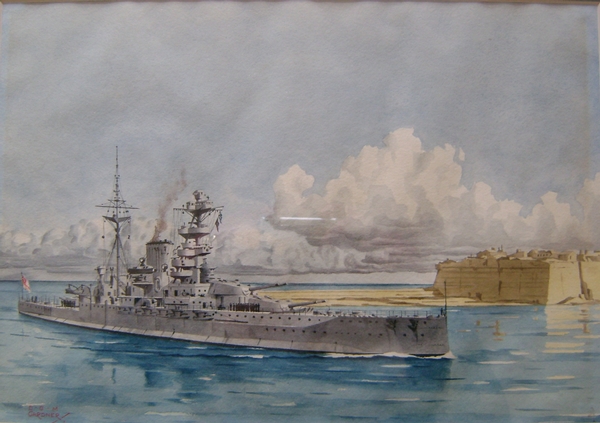 DGM Gardner. HMS Malaya entering Valetta Harbour, Malta