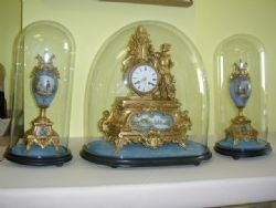FRENCH GILT CLOCK SET UNDER GLASS DOMES c1850-60 