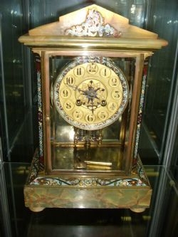 FRENCH FOUR GLASS CHAMPLEVE ENAMEL MERCURY PENDULUM MANTLE CLOCK BY ELKINTON & SON PARIS C1900 