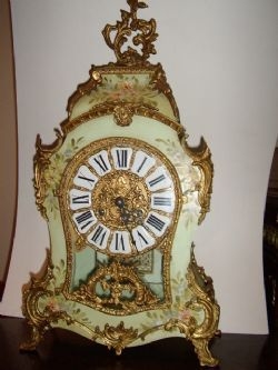 FRENCH LOUIS STYLE ORMOLU BRACKET CLOCK (Twin Bell Ringing Copy ) PAINTED CASE WITH PORCELAIN ROM...