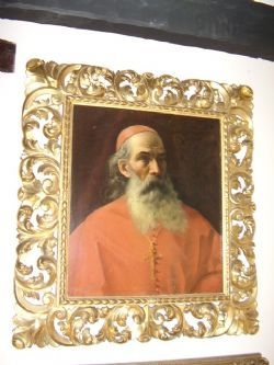 ITALIAN SCHOOL PORTRAIT OF A CARDINAL IN RED ROBE WEARING CRUCIFIX IN QUALITY FLORENTINE CARVED G...