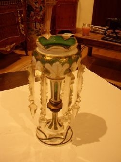 BOHEMIAN GREEN GLASS GILT & PORCELAIN ENAMELLED TABLE LUSTRE WITH CUT GLASS DROPPERS C1860-80  