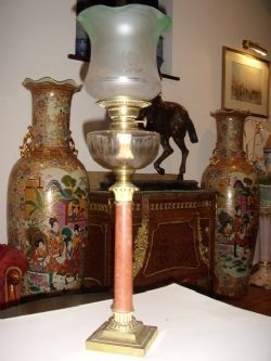 VICTORIAN OIL LAMP WITH CUT GLASS BOWL & MARBLE AND BRASS STEM C1880-90 