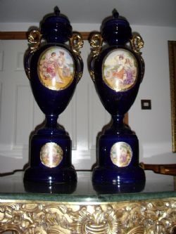 A FINE PAIR OF AUSTRIAN VIENNA VASES ON STANDS C1900 / NEARLY 3 ft.HIGH 