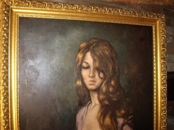Antique ART DECO OIL ON CANVAS PORTRAIT OF SEMI NUDE YOUNG LADY POSING IN A MOONLIGHT STUDY. 