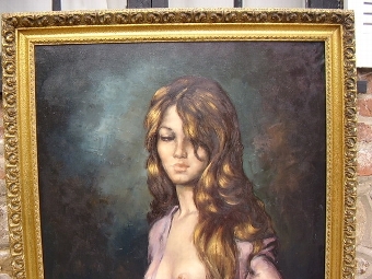 Antique ART DECO OIL ON CANVAS PORTRAIT OF SEMI NUDE YOUNG LADY POSING IN A MOONLIGHT STUDY. 