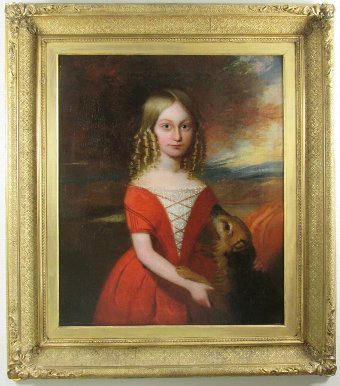 18th.Century Oil Portrait Painting of Young Girl With Her Pet Dog