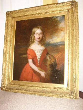 Antique 18th.Century Oil Portrait Painting of Young Girl With Her Pet Dog