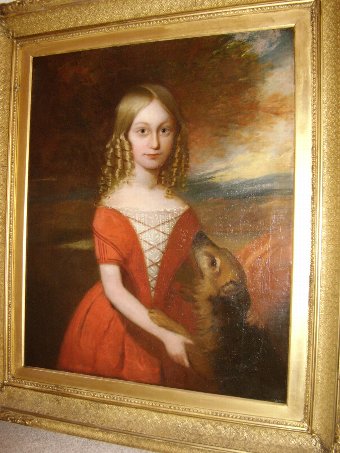Antique 18th.Century Oil Portrait Painting of Young Girl With Her Pet Dog