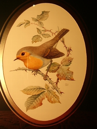 Antique QUALITY PRINT OF ROBIN BIRD ON LEAFY BRANCH & MARKED 