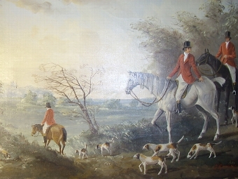 Antique OIL ON CANVAS OF HUNT & HOUNDS SIGNED J. RANDALL   28.5 X 24.5  INCHES