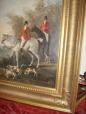 Antique OIL ON CANVAS OF HUNT & HOUNDS SIGNED J. RANDALL   28.5 X 24.5  INCHES