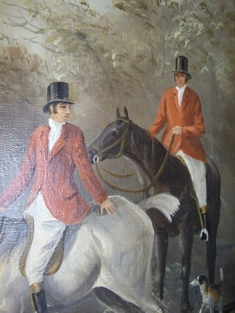 Antique OIL ON CANVAS OF HUNT & HOUNDS SIGNED J. RANDALL   28.5 X 24.5  INCHES