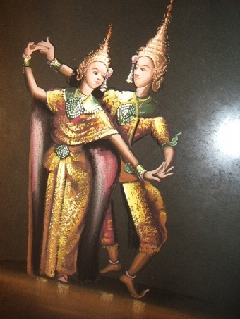 Antique ORIGINAL SIGNED ORIENTAL WATERCOLOUR & GAUCH PAINTING ON BOARD DEPICTING EASTERN DANCERS IN FULL CEREMONIAL COSTUME 11 X 14.5 INCHES 