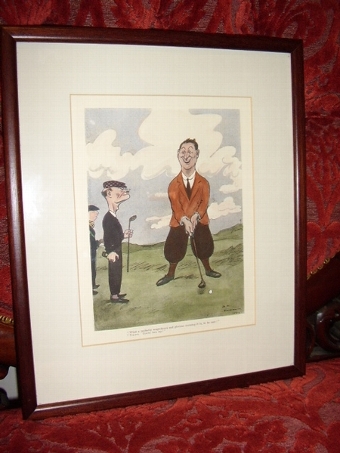 RARE EARLY HAND COLOURED NOVALTY PRINT OF GOLFERS AFTER THE ORIGINAL SIGNED DRAWING BY H.M.BATEMA...