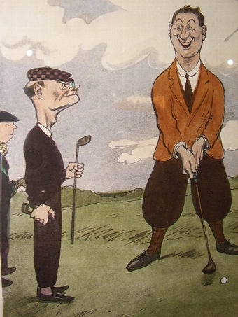 Antique RARE EARLY HAND COLOURED NOVALTY PRINT OF GOLFERS AFTER THE ORIGINAL SIGNED DRAWING BY H.M.BATEMAN   C1920  12 X 14.5 INCHES  