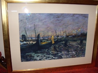 SIGNED PASTEL OF VENICE GONDOLAS UNDER MOONLIGHT 27 X 35 INCHES REMOUNTED & NEW GILT FRAME