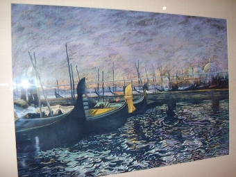 Antique SIGNED PASTEL OF VENICE GONDOLAS UNDER MOONLIGHT 27 X 35 INCHES REMOUNTED & NEW GILT FRAME