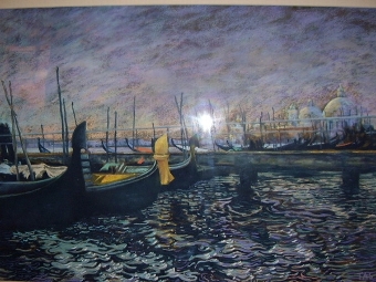 Antique SIGNED PASTEL OF VENICE GONDOLAS UNDER MOONLIGHT 27 X 35 INCHES REMOUNTED & NEW GILT FRAME