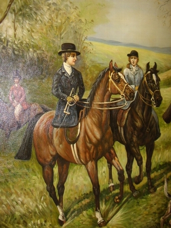 Antique A LARGE QUALITY HUNTING OIL PAINTING ON CANVAS WITH HOUNDS IN BEAUTIFUL GILT FRAME MEASURING A MASSIVE  4.FT 7   X  3.FT  7  INCHES