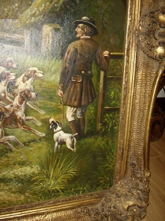 Antique A LARGE QUALITY HUNTING OIL PAINTING ON CANVAS WITH HOUNDS IN BEAUTIFUL GILT FRAME MEASURING A MASSIVE  4.FT 7   X  3.FT  7  INCHES
