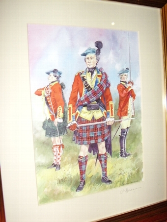 Antique FIRST SIGNED COPY PRINT OF HIGHLANDERS BY ARTIST A.E.HARRISON AFTER HIS ORIGINAL WATERCOLOUR PAINTING  H14.5  x  W12.5 INCHES 