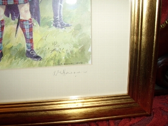 Antique FIRST SIGNED COPY PRINT OF HIGHLANDERS BY ARTIST A.E.HARRISON AFTER HIS ORIGINAL WATERCOLOUR PAINTING  H14.5  x  W12.5 INCHES 