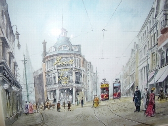 Antique FIRST SIGNED COPY PRINT OF HIGH STREET LEICESTER  BACK IN 1900'S BY ARTIST A.E.HARRISON AFTER HIS ORIGINAL WATERCOLOUR PAINTING  W16.5  x H13.5  INCHES 