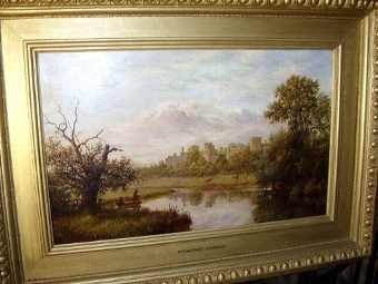 Antique WARWICK CASTLE OIL PAINTING BY BRITISH ARTIST JOHN ANDERSON  BORN 1835  34 X 25 INCHES IN ORIGINAL LABELLED GILT FRAME
