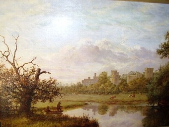 Antique WARWICK CASTLE OIL PAINTING BY BRITISH ARTIST JOHN ANDERSON  BORN 1835  34 X 25 INCHES IN ORIGINAL LABELLED GILT FRAME