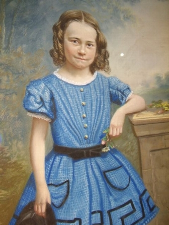 Antique GEORGIAN C1830 PERIOD PASTEL WATERCOLOUR & GOUACHE PORTRAIT ON CANVAS UNDER GLASS OF A BEAUTIFUL YOUNG GIRL IN  PERIOD DRESS HOLDING FEATHERED HAT IN HAND  30 X 35 INCHES