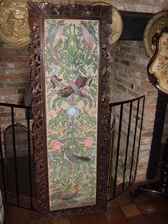 LARGE ANTIQUE HAND PAINTED SILK WALL SCREEN IN MAHOGANY CARVED FRAME and DECORATED WITH FLORREL F...