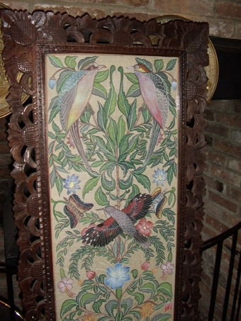Antique LARGE ANTIQUE HAND PAINTED SILK WALL SCREEN IN MAHOGANY CARVED FRAME and DECORATED WITH FLORREL FORNA and TROPICAL BIRDS UNDER GLASS