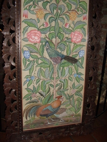 Antique LARGE ANTIQUE HAND PAINTED SILK WALL SCREEN IN MAHOGANY CARVED FRAME and DECORATED WITH FLORREL FORNA and TROPICAL BIRDS UNDER GLASS