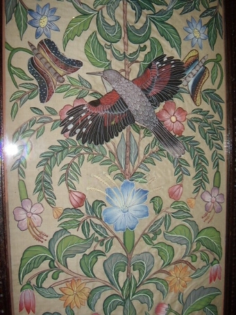 Antique LARGE ANTIQUE HAND PAINTED SILK WALL SCREEN IN MAHOGANY CARVED FRAME and DECORATED WITH FLORREL FORNA and TROPICAL BIRDS UNDER GLASS