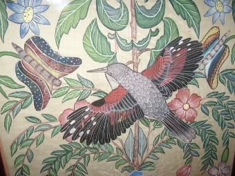 Antique LARGE ANTIQUE HAND PAINTED SILK WALL SCREEN IN MAHOGANY CARVED FRAME and DECORATED WITH FLORREL FORNA and TROPICAL BIRDS UNDER GLASS